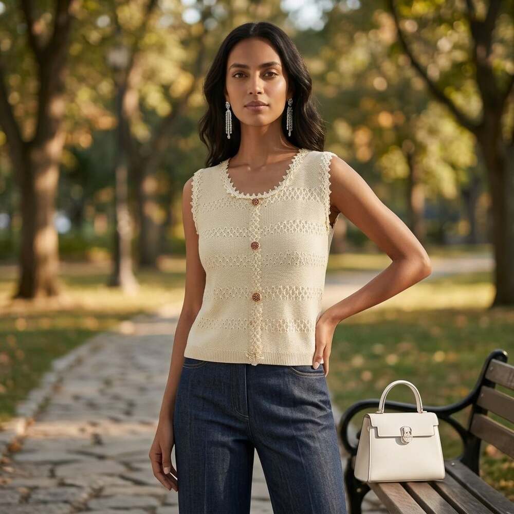 Sandy Cream Knitted Button-Down Openwork Sleeveless Top Vest